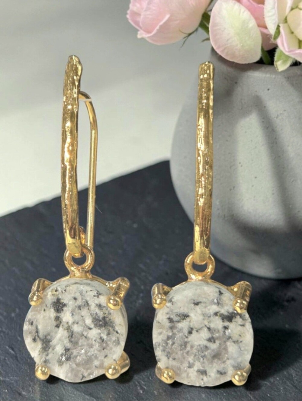 18k Gold Plate Artisan Natural Raw Dalmatian Jasper Stone Earrings